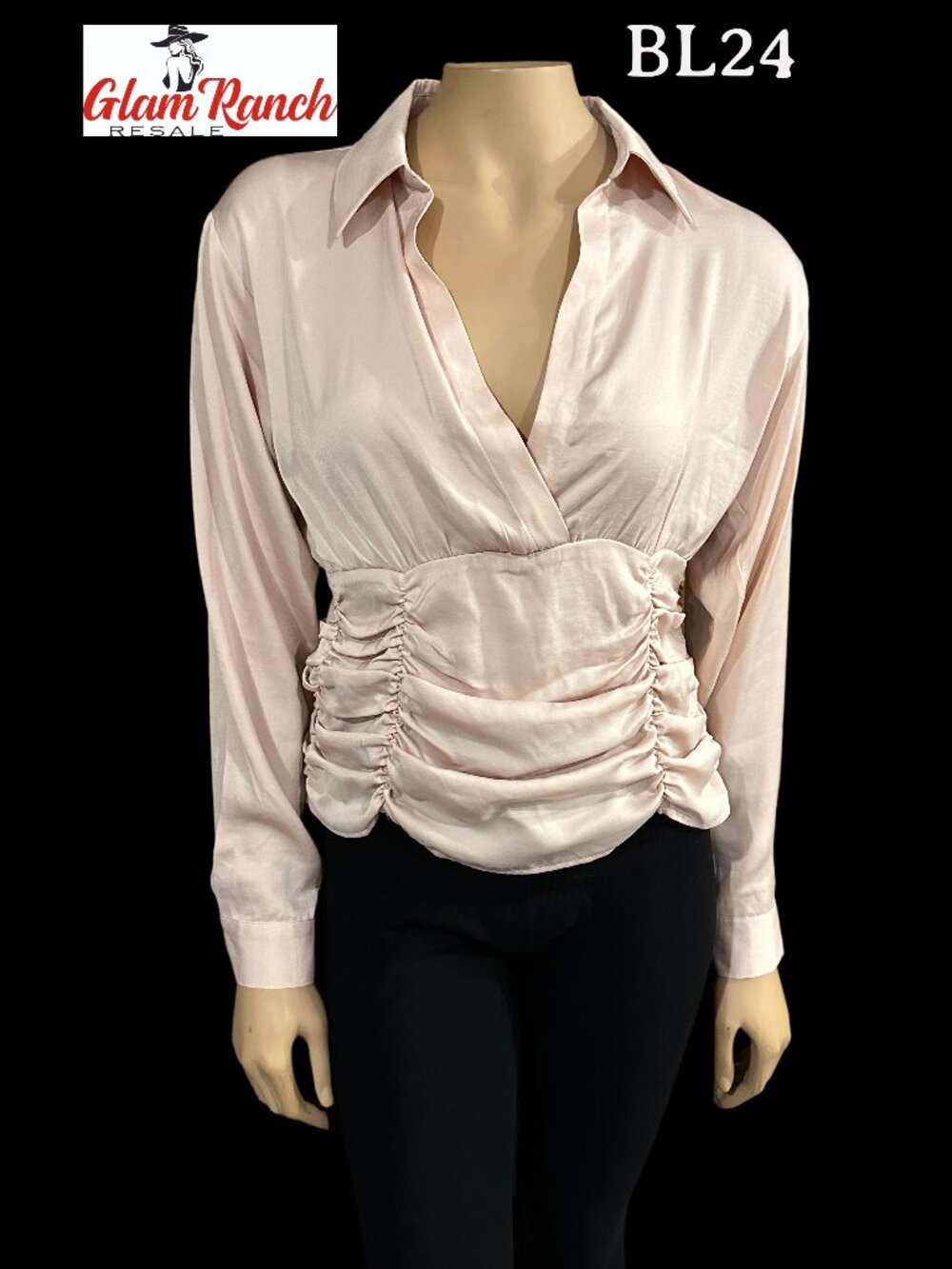 (BL24)  NWOT Venus Pink Long Sleeve Deep V Gathered Front Blouse Size 6